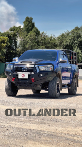 กันชนหน้าออฟโรด รีโว่ 2015-2019 Revo Toyota Hilux รุ่นธันเดอร์ 3 เขา (Thunder front bumper Bull bar) - กันชนหน้าเต็มมีห่วงแดงโอเมก้า 1คู่ ไฟLEDตัดหมอก กันชนหน้าเหล็ก