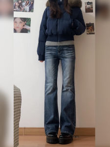 Quần Jeans Ống Thẳng Lưng Thấp Retro Washed Quần Ống Thẳng Ôm Dáng Co Giãn Mùa Thu Đông Mới Quần Jeans Denim Nữ