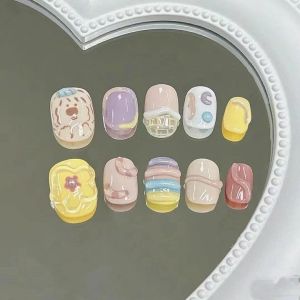 Handmade Short Nail Art Cute Heart Jelly Flower Design Dopaamine Color Series Wearable Nails Cartoon Simple Style Nail Tips