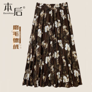 Retro Fleece Lined Chrysanthemum Print Pleated Mini Skirt for Women Autumn Winter High Waist Casual a Line Skirt