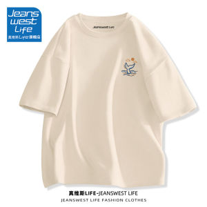 Jeanswest Life Pure Cotton Mens T-shirt Summer Loose Fit Sleeveless Trendy Top Breathable Short Sleeve round Neck Print Casual Shirt