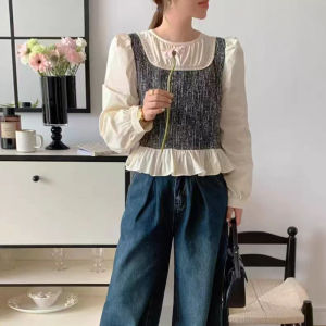 French Style Contrast Colors False-Two-Piece Sequin Knitting Long Sleeves Shirt Womens Autumn Stylish Niche Style Chic Pleated Top with Swing