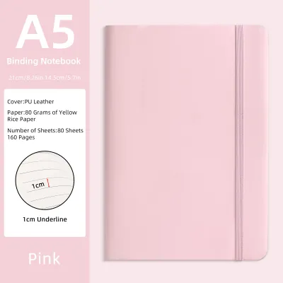 A5 PU Leather Binding Notebook - Purple80 Sheets (160 Pages) 80gsm Yellow RicePaper 1cm Underline Hardcover Journalwith Elast