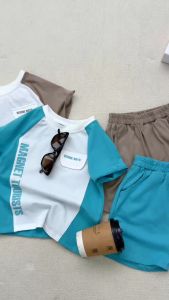 Set bộ tay ngắn phong cách thể thao phối màu thun cotton cho bé trai size 9 tới 28kg BERNIE P1124B73