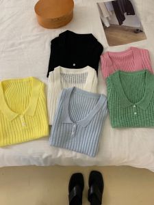 Áo Thun Tay Ngắn Mỏng Bằng Lụa Băng Màu Xanh Lam Cổ Polo Mùa Hè Dành Cho Nữ Áo Ngắn Kiểu Pháp Độc Đáo Áo Thun Ôm Vừa Vặn