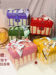 New Baby Shower Handbag Woven Basket Wedding Celebration Gift Box Color Block Willow Basket Creative Handmade Celebration Favor