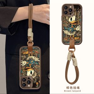Creative Donald Duck Doodle Phone Case with Wristband And Lanyard for Apple 16Promax iPhone 15 Huawei Mate60Pr OPPO Reno12 Female Vivo S19 Xiaomi 14