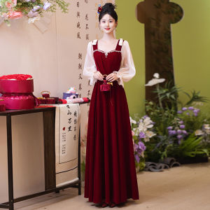 Toast new thank-you banquet red velvet ceremony skirt yarn sleeve long dress plus size 5XL 6XL 7XL 8XL
