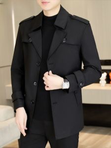 HENGYUANXIANG | Casual Black Mens Windbreaker Coat Long Tailor-made Lapel Administrative Style Spring Autumn Fashion Polyester Fiber Jacket