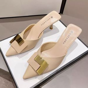 Leather Covered Toe Semi Slippers for Women Spring Autumn New Style Metal Buckle Versatile Thin Heel Pointed Toe Slippers Simple High Heels