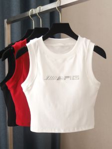 Summer Short Pure Color Zipper Back Letter Print Womens Slim Fit Cotton Tank Top with Chest Pad Fashionable Commute Style