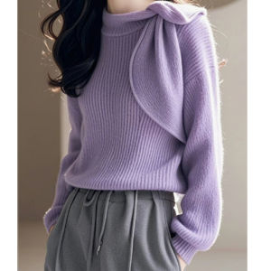 Áo Len Dệt Kim Cổ Tròn Màu Tím Thanh Lịch Thời Trang Cho Nữ Mùa Thu Đông Phong Cách Hàn Quốc Dáng Ôm Vừa Vặn Chất Liệu Lông Cừu