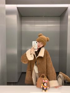 Warm Bear Hug Winter Fashion Thickened Lamb Fur Suede Double-sided Wear Warm Coat Womens Casual Outerwear Long Sleeve Polo Collar