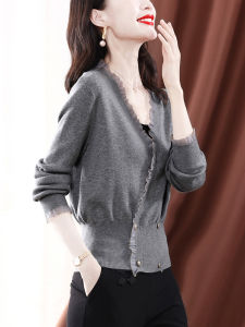 Womens Knitted Woolen Open Cardigan Long Sleeve V-Neck Slimming Anti-Aging Fashionable Lace Trim Outerwear Spring 2025