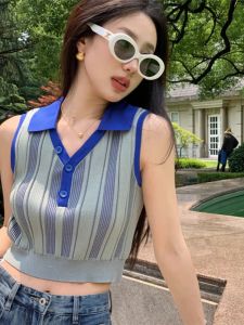 Áo Len Dệt Kim Không Tay Ngắn Cổ Polo Màu Tương Phản Cho Nữ Mùa Hè 2023 Áo Khoác Ngoài Bên Trong Áo Vest Ngắn Không Tay