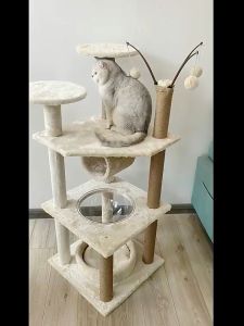 [SG SELLER] [80cm/125cm] Rattan mat Multi-Level Pet Cat Tree Condo Tower House Bed Nest Cat Condo Wooden Post Large Cat Tree Scratching Pole with Hammock/Rest bed/Toys