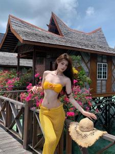 Womens Bikini Swimsuit Tangshan Yellow Strapless Slimming V-neck Triangle Design with Chest Pad No Steel Support Beach Vacation