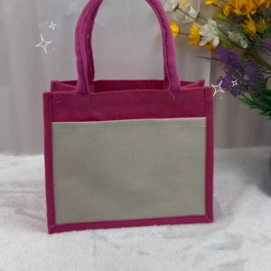 Mini Jute Bag With Canvas Pocket Small Tote Bag Cute Beg Tangan Wanita Women Korean Style Handbag for Hadiah Murah Party Gift