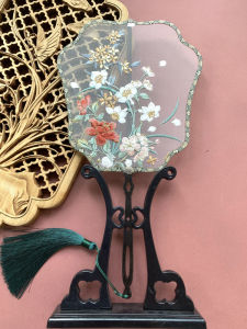 Embroidered Floral round Fan Ancient Style Purple Light Mahogany Hollow Fan Handle Handmade Court Fashion Home Daily Use