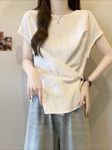 AIYITI | Unique Short Sleeve Shirt Women Summer New Plus Size Belly Covering Waist Cinching Blue Top Casual Style Loose Fit Round Neck