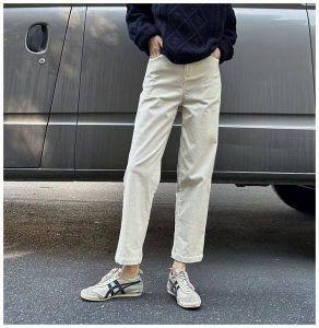 กางเกงขายาวทรงตรงผ้าคอร์ดูรอยน้ำหนักเบาสบายๆ สำหรับผู้หญิงในฤดูใบไม้ร่วงและฤดูหนาว สีบริสุทธิ์ ทรงสลิมฟิต