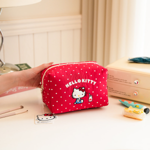 Sanrio | Strawberry Milk Cartoon Hello Kitty Soft Cotton Makeup Bag for Girls Portable Skincare Organizer Student Toiletry Bag Cute Ca