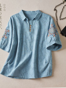 New 2024 Chinese Style Womens Cotton Linen Shirt Summer Artistic Retro Embroidery Linen Top Trendy Short Sleeve Polo Collar