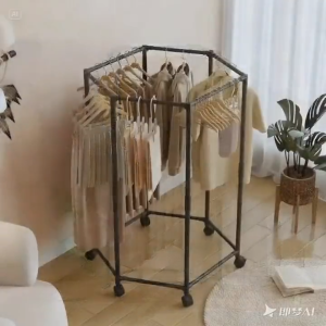 Stainless Steel Drying Rack Floor-standing 360 Rotatable with Wheels Hexagonal Double-layer  Coat Rack Household