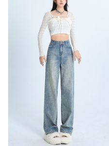 กางเกงยีนส์ทรงตรงขากว้างเอวสูง ทรงกระบอก สไตล์วินเทจ ฤดูใบไม้ร่วง ฤดูหนาว กางเกงขายาวทรงสลิมฟิตสำหรับผู้หญิง กางเกงยีนส์ทรงสลิมฟิต