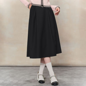 Elegant High Waist A-Line Midi Skirt for Women Black Suit Style Half-length Slimming Umbrella Skirt Polyester Viscose Blend