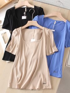 French Style Elegance Retro Square Collar Silm Slim Looking Lace Hollow-out Stitching Sunken Stripe Knitting Stretch Womens Short Sleeve T-shirt