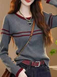 เสื้อถักลายทางหลวมๆ สำหรับผู้หญิง เสื้อชั้นในทรงเข้ารูป เสื้อเชิ้ตแขนยาวคอตั้ง ผ้าโพลีเอสเตอร์ ฤดูใบไม้ร่วง 2024