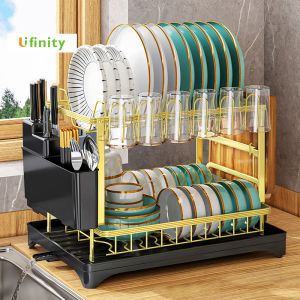 Lifinity ชั้นวางจาน 2 ชั้น สีดำทอง พร้อมแขวนแก้ว ที่คว่ำจาน ประกอบด้วย 2 ชั้น