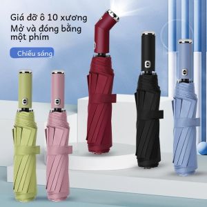 10 Xương Ô Gấp Tự Động Chống Gió Ba Gấp Ô Dù Kinh Doanh Có Đèn Pin LED Xoay Được Ô Nắng