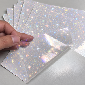 50 Sheets A6 Clear Holographic Self-Adhesive Laminating FilmRainbow Iridescent Flakes Sparkling Stars & Fine Dots Patterns
