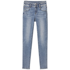 Autumn New Women Double Button Ripped Slim Fit Pencil Jeans