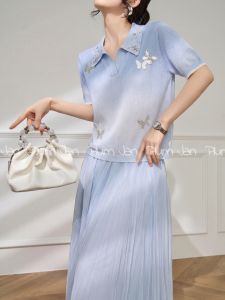 PlumJan | Áo Knit Cổ Beaded Màu Xanh Đẹp