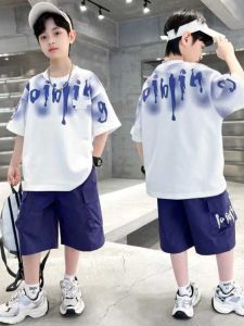 Cool Trendy Boys Summer Short Sleeve Outfit Cotton Fabric 2-Piece Set Fashionable Casual Wear for Active Kids Ages 5-14