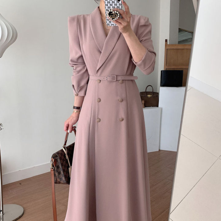 Elegant French Style Long Coat Dress Women's High Waist Double