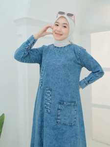 Briska Maxi Dress Jeans - Dress Light Snow - Material Jeans Snow Wash - Busana Muslim Wanita Dewasa
