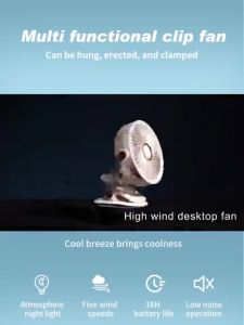 Quạt tích điện để bàn quạt kẹp bàn mini tích hợp đèn led 3 tốc độ gió xoay 720° dung lượng 1200mAh - Happy Life 4KID