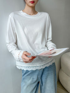 White round Neck Long Sleeve T-Shirt Womens Loose Inner Wear Base Shirt Top Outerwear New 2025 Style Lace Trim Commute Style