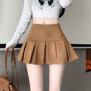 Black Suede Pleated Mini Skirt Womens Autumn Winter High Waist Slimming Leather Skirt Casual Anti-Light A-Line Short Skirt