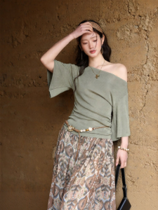 MEIZISHULE | Two-way Lazy Style Slant Shoulder Straight Neck Knitted Sweater