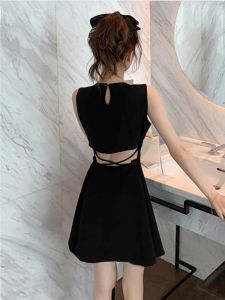 Elegant Backless Waist-Cinching Dress Sleeveless Design Sensation Small Black Dress for Spring Season by QiYuWei Brand