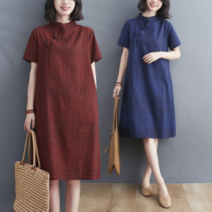 Summer Retro Chinese Style Gingham Improved Cheongsam Womens Clothing Casual plus Size Mid-Length Dress Artsy Loose Chubby Girls Dress
