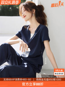 เมเฮเมย์เสื้อยืดบล็อกสีและ กางเกงลำลอง ชุดแฟชั่น สไตล์สปอร์ต สไตล์ฤดูร้อนดีไซน์ใหม่ผ้าฝ้าย คอวี แขนสั้น