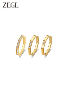 แหวนทรงหกเหลี่ยมสีทองสำหรับผู้หญิง แหวนนิ้วชี้สไตล์ฤดูใบไม้ร่วงและฤดูหนาว แหวนนิ้วชี้สีเย็นแบบเรียบง่าย แหวนทรงหกเหลี่ยม ZEGL