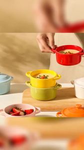 JUSTINLAU Ceramic Double Ear Bowl Mini Ceramic Glazed Baking Bowl Breskfast Steamed Egg Pudding Bowl Soup Bowls Microwave Oven