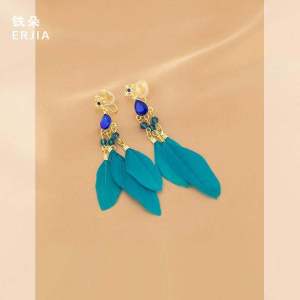 Ethnic Vacation Style Blue Feather Long Earrings Exquisite Retro Bohemia Mosquito Coil Non-Piercing Ear Clip Women